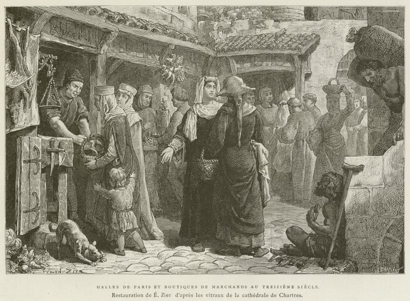 Halles De Paris ve On Üçüncü Yüzyılda Tüccar Dükkanları (gravür) by French School
