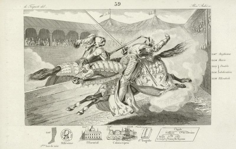 Fransa Kralı II. Henry, Kralların İskoç muhafızlarının kaptanı Gabriel Montgomery ile girdiği bir mızrak dövüşünde ölümcül şekilde yaralandı, 1559 by French School