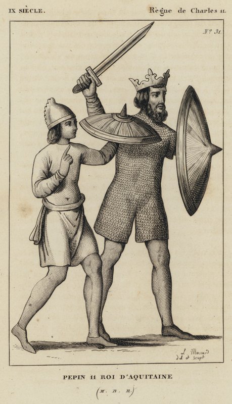 IX Yüzyıl, Charles II saltanatı, Pepin II, Aquitaine Kralı (gravür) by French School