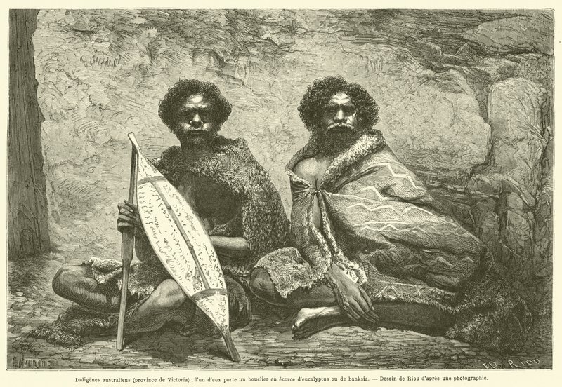 Avustralya Yerlileri (Victoria Eyaleti); bunlardan biri okaliptüs veya banka kabuğundan yapılmış bir kalkan taşıyor (gravür) by French School