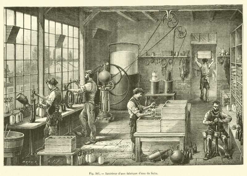 Bir maden suyu fabrikasının içi (gravür) by French School