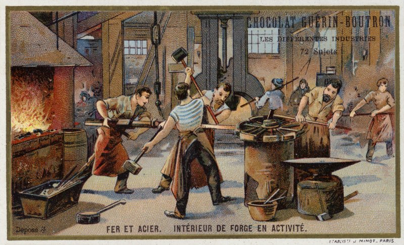 Demir ve çelik. Meşgul bir demircinin içi (chromolitho) by French School