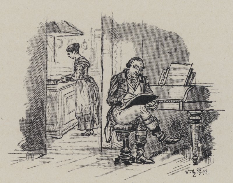 İtalyan besteci Gioachino Rossini evde beste yapıyor (gravür) by French School