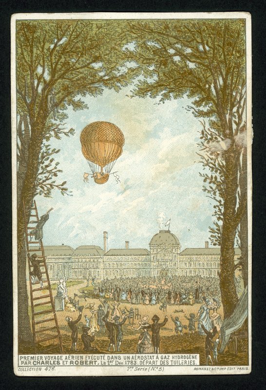 Jacques Charles ve Marie-Noel Robert bir hidrojen balonuyla ilk tırmanışı yaparken, Paris, 1 Aralık 1783 by French School