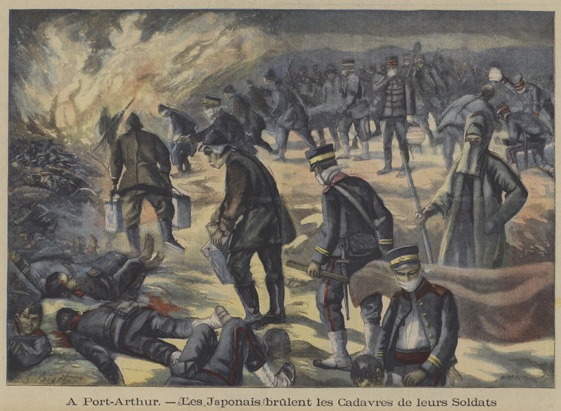 Port Arthur Kuşatması, Rus-Japon Savaşı'nda öldürülen yoldaşlarının cesetlerini yakan Japon askerleri (renkli lito) by French School