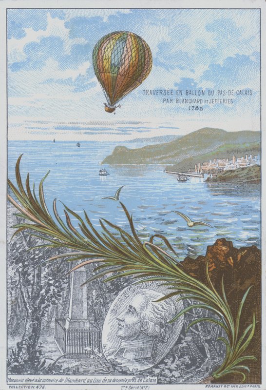 Jean-Pierre Blanchard ve John Jeffries, İngiliz Kanalı boyunca ilk balon uçuşunu yapıyor, 7 Ocak 1785 (renkli taş) by French School