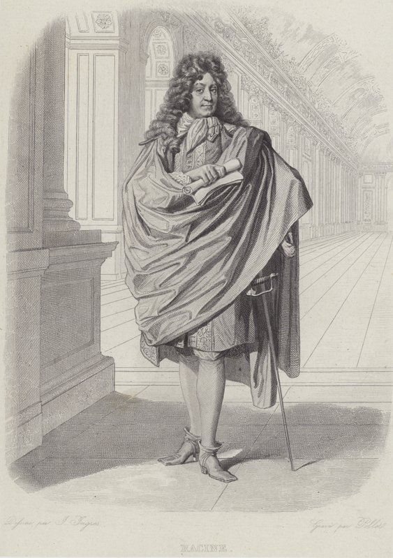 Jean Racine, Fransız oyun yazarı, Versay'daki Aynalar Salonunda (gravür) by French School