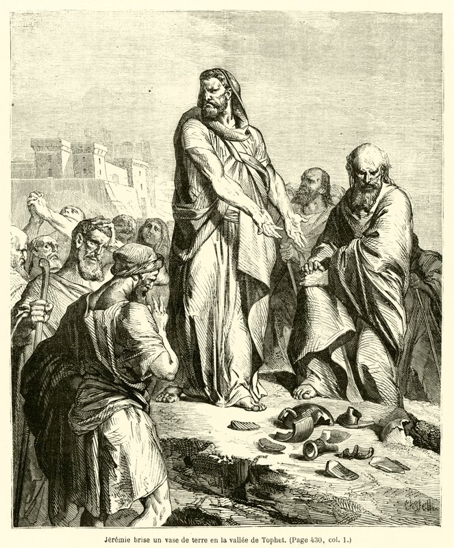 Jeremy, Tophet vadisinde toprak bir kap kırıyor (gravür) by French School