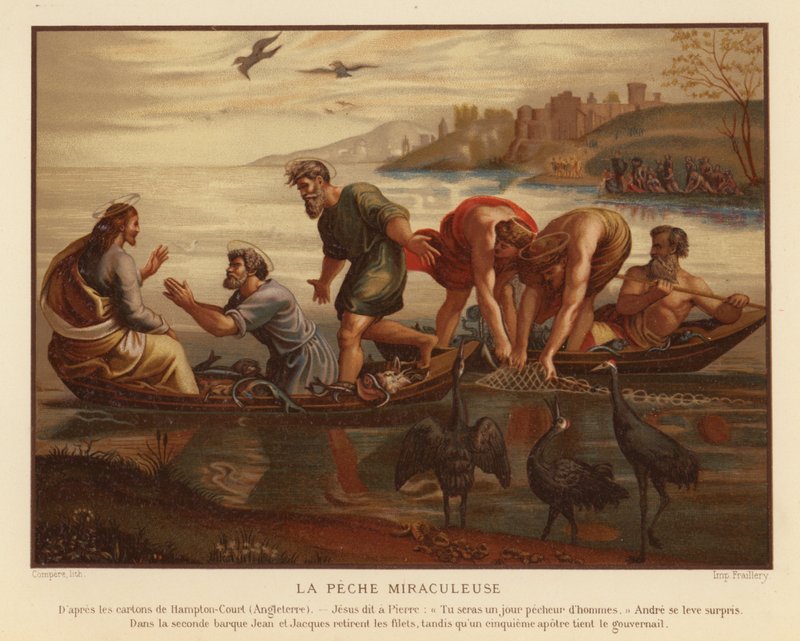 İsa Mesih ve balıkların mucizevi çekimi (chromolitho) by French School