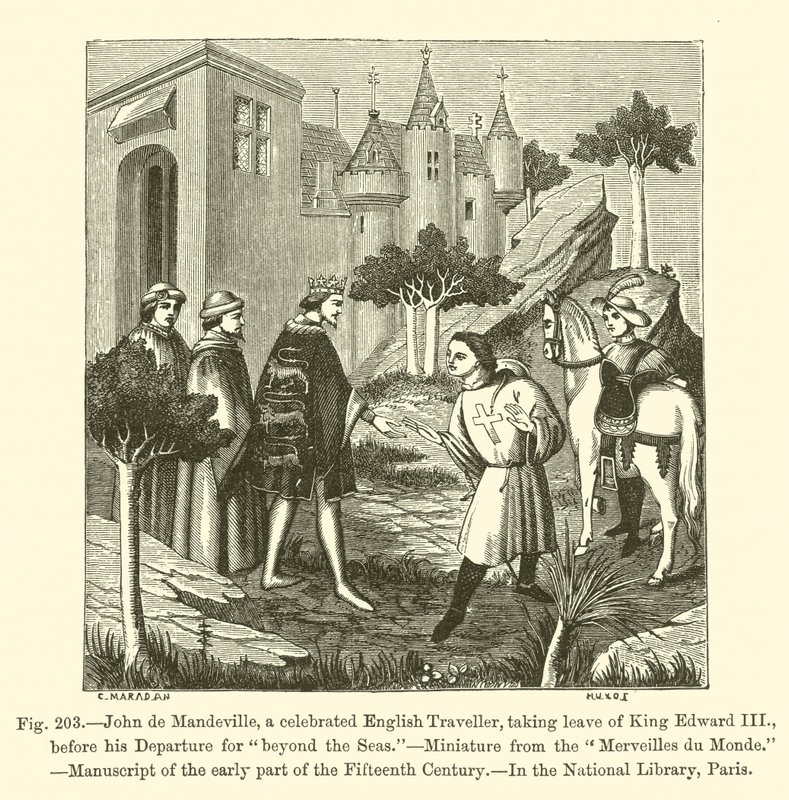 John de Mandeville, ünlü bir İngiliz Gezgin, "Denizlerin Ötesine" (gravür) için yola çıkmadan önce Kral III. by French School
