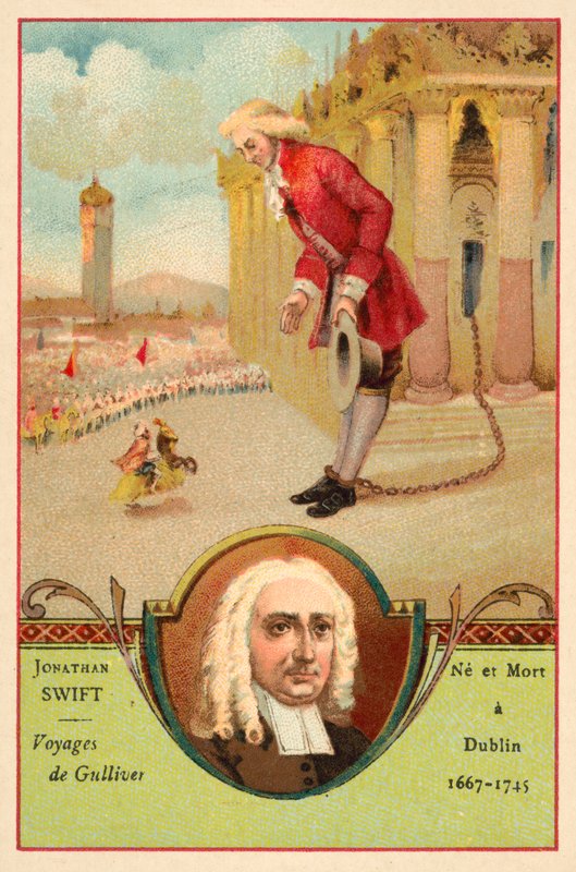 Jonathan Swift, İrlandalı yazar ve Gulliver'in Seyahatleri (chromolitho) adlı romanından bir sahne by French School