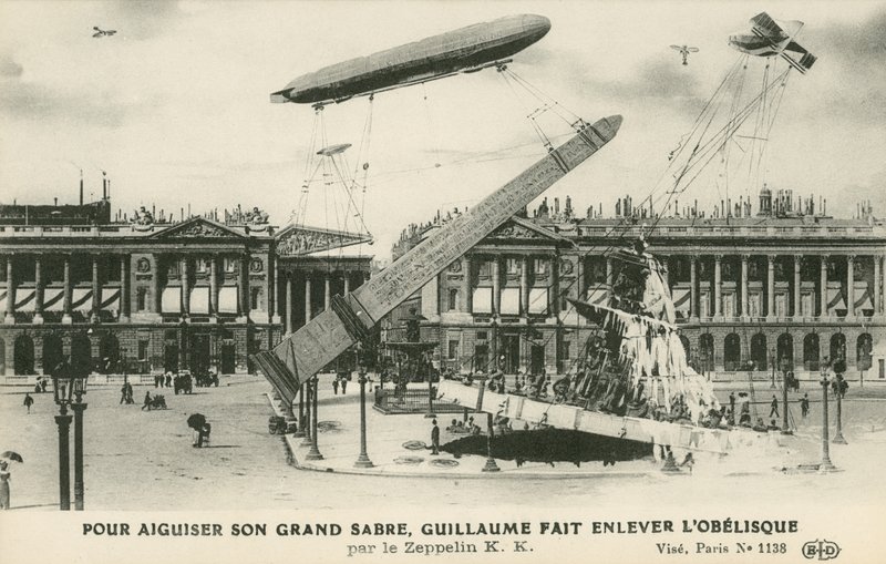 Kaiser Wilhelm II, dikilitaşı Paris'ten Zeppelin (lito) ile çıkarmayı hayal etti by French School