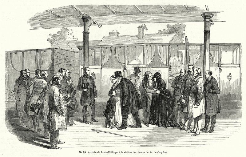 Sürgüne zorlandıktan sonra Croydon tren istasyonuna gelen Fransa Kralı Louis-Philippe, Şubat 1848 (gravür) by French School