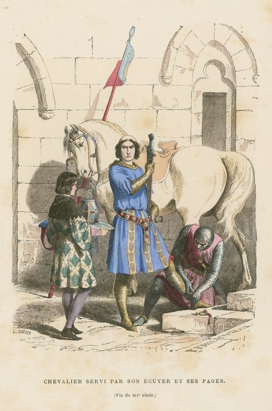 Şövalye, yaveri ve uşağı tarafından yönetiliyor, 12. yüzyılın sonlarında by French School