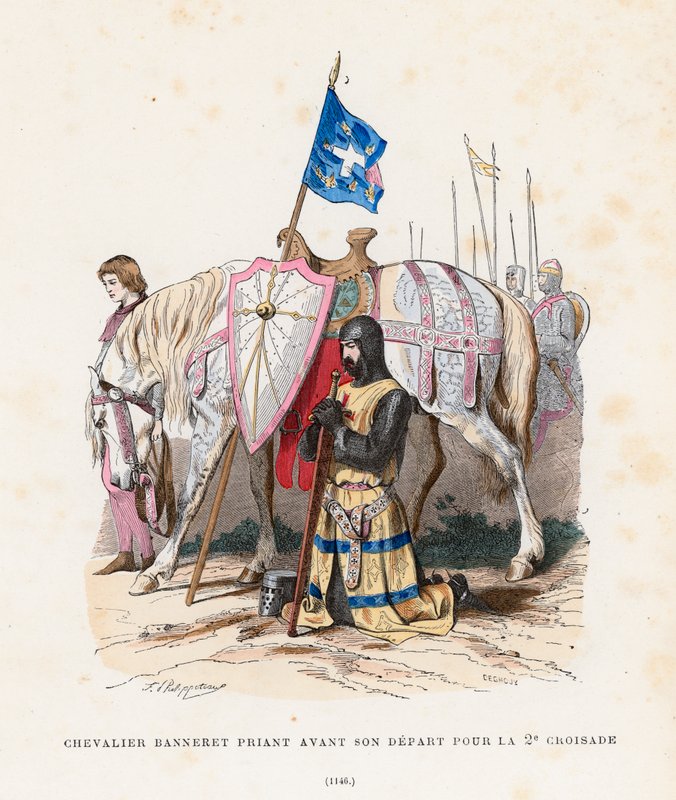 İkinci Haçlı Seferi için ayrılmadan önce dua eden şövalye, 1146 by French School
