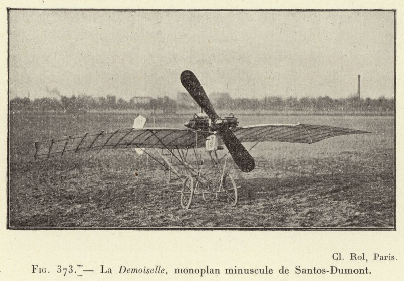 La Demoiselle, Santos-Dumont tasarımı küçük tek kanatlı uçak (gravür) by French School