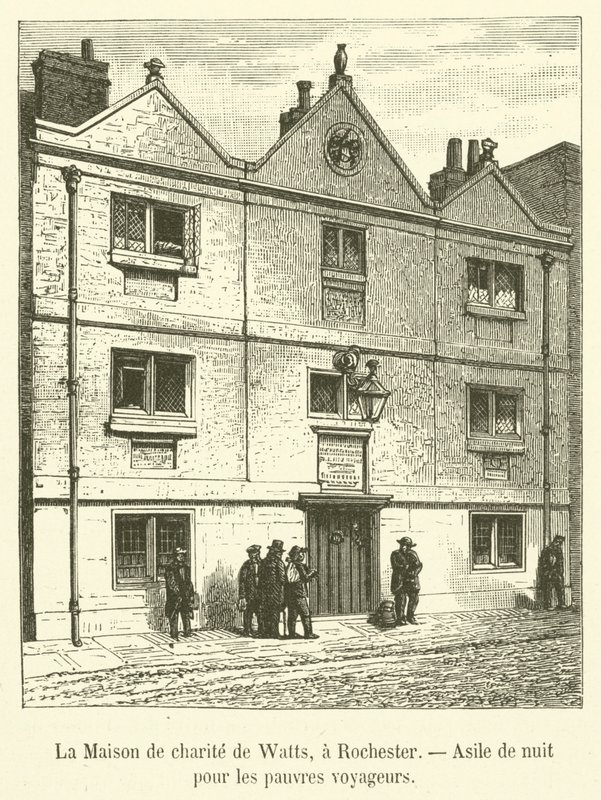 Watts Charity House, Rochester, Yoksul Gezginler için Gece İlticası (gravür) by French School