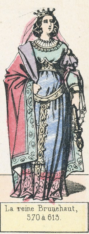 La reine Brunehaut, 570 a 613 (renkli gravür) by French School