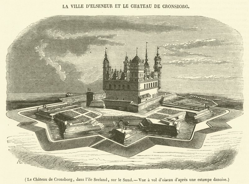Cronsborg Kalesi, Seeland adasında, Sund üzerinde, kuşbakışı görünüm (gravür) by French School