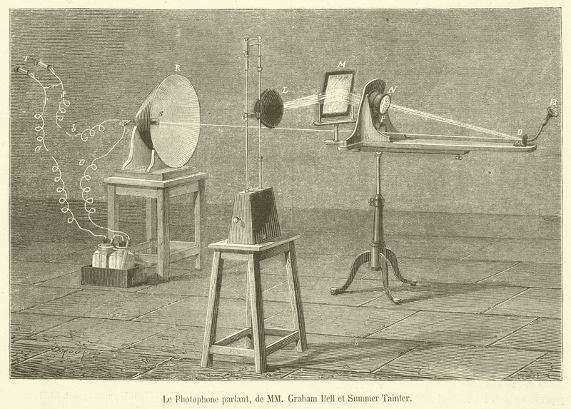 Konuşan Fotofon, Bay Graham Bell ve Summer Tainter (gravür) by French School