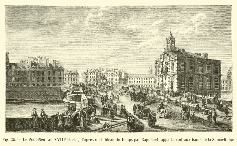 18. yüzyılda Pont-Neuf, Samaritan hamamlarına ait Raguenet tarafından zamanın bir tablosundan sonra by French School