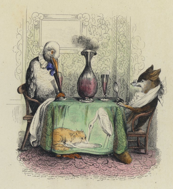 Tilki ve Leylek (renkli gravür) by French School