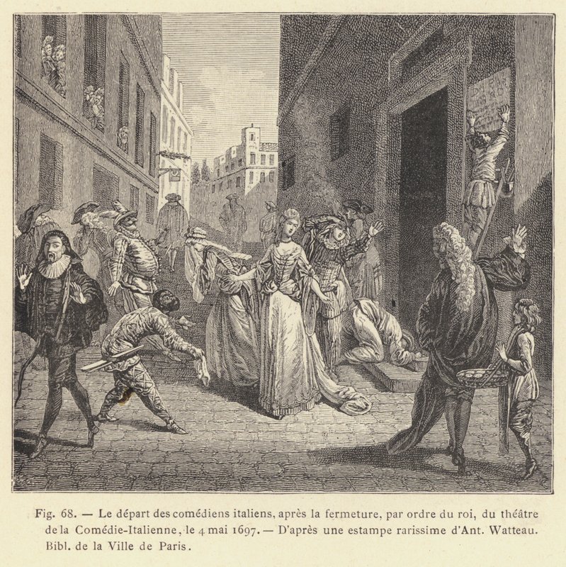 İtalyan aktörlerin, kralın emriyle Comedie-Italienne tiyatrosunun kapanmasından sonra ayrılması, 4 Mayıs 1697 (gravür) by French School