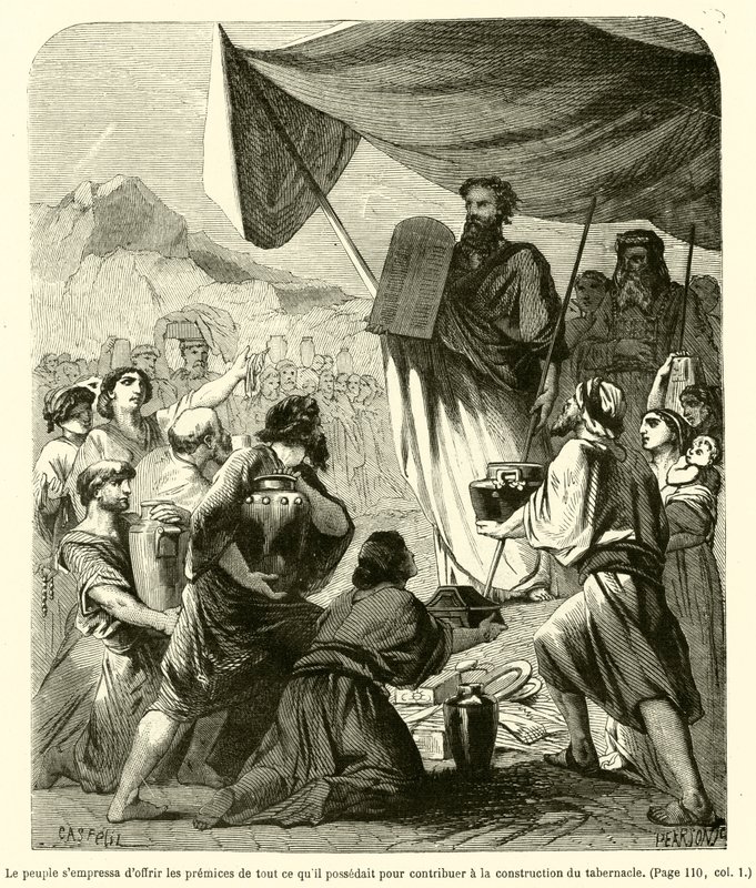 Halk, meskenin inşasına katkıda bulunmak için sahip oldukları her şeyin turfandasını sunmak için acele ettiler (gravür) by French School
