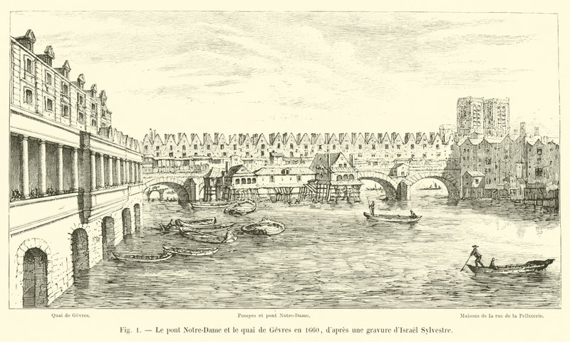 Notre-Dame köprüsü ve 1660 yılında quai de Gesvres, İsrail Sylvestre tarafından bir gravürden sonra by French School