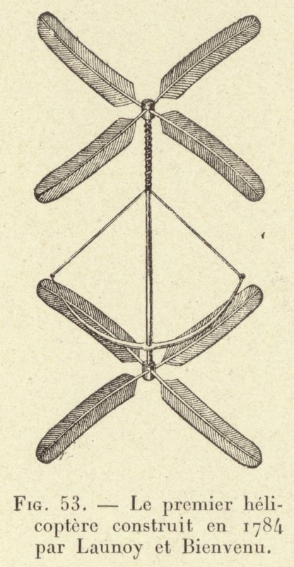 Launoy ve Bienvenu tarafından 1784 yılında inşa edilen ilk helikopter (gravür) by French School