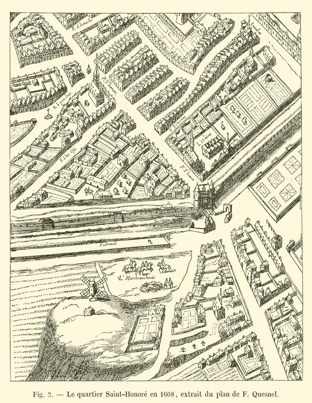 1608'de Saint-Honore bölgesi, F Quesnel'in planından alıntı by French School