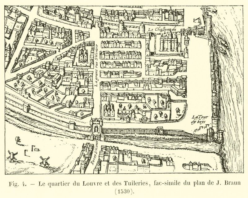 Louvre ve Tuileries bölgesi, J Braun tarafından planın tıpkıbasımı, 1530 by French School