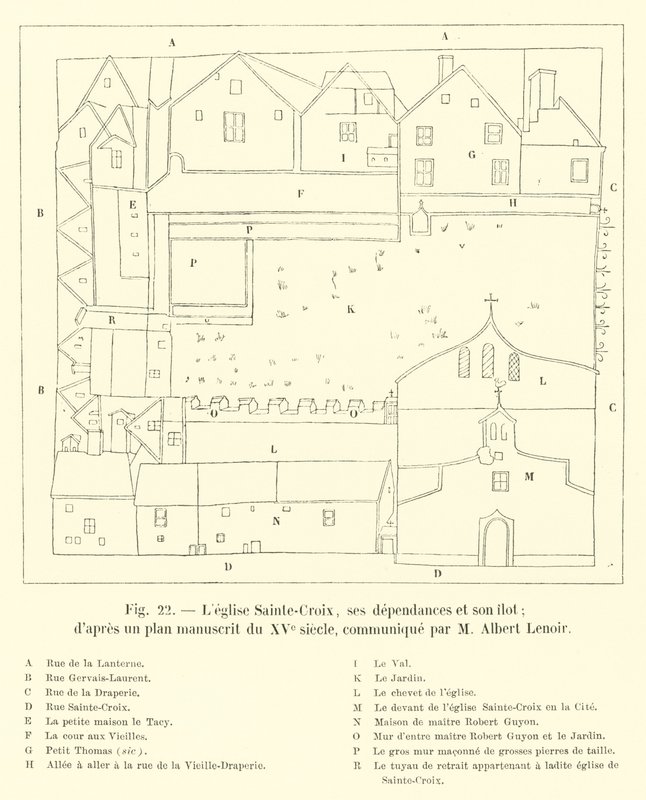 Sainte-Croix Kilisesi, müştemilatları ve adası; M Albert Lenoir tarafından iletilen 15. yüzyılın el yazısı planına göre by French School