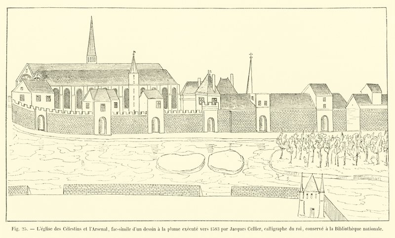 Celestins Kilisesi ve Arsenal, 1583 civarında kralın hattatı Jacques Cellier tarafından yapılan bir kalem çiziminin tıpkısı, Ulusal Kütüphane