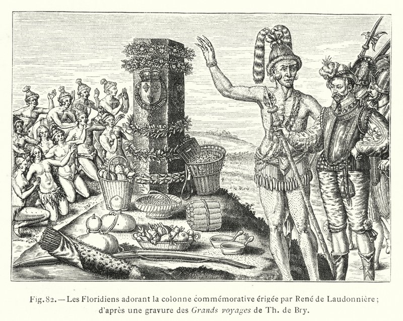 Rene de Laudonniere tarafından dikilen anıt sütuna tapan Floridalılar; Th de Bry