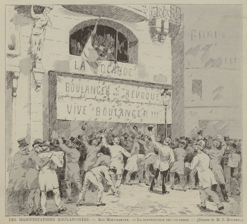 Les Manifestations Boulangistes, Rue Montmartre, La distribution des cocardes (gravür) by French School