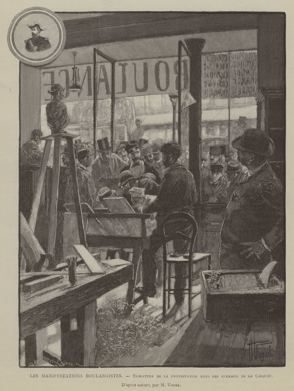 Les Manifestations Boulangistes, Cocarde ofislerindeki protestonun imzası (gravür) by French School