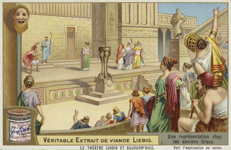 Antik Yunan tiyatrosunun bir temsilini içeren Liebig kartı by French School