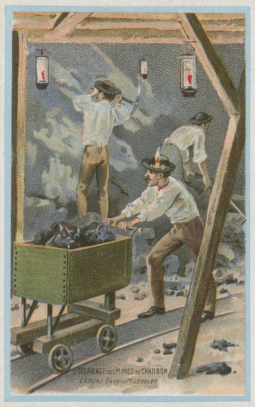 Kömür madenlerini, Davy lambalarını veya Mueseler lambalarını aydınlatma by French School