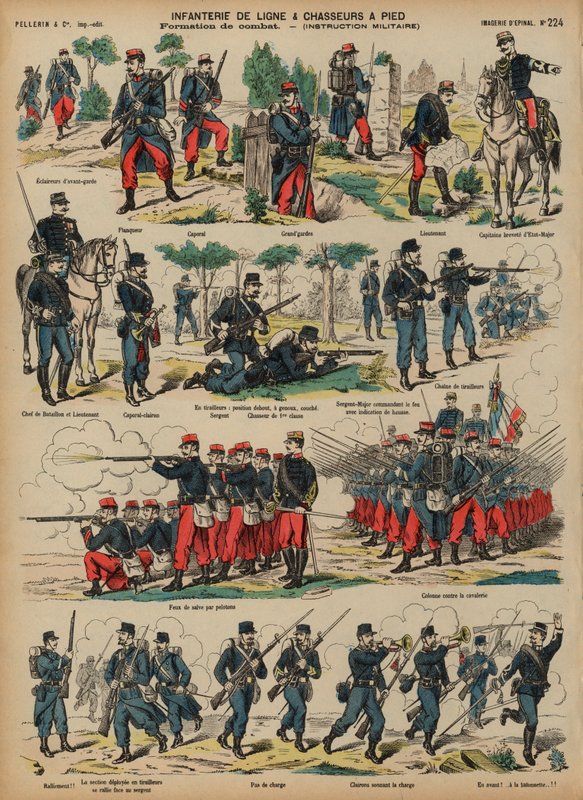 Fransız Ordusunun hat piyadeleri ve şövalyeleri (renkli gravür) by French School