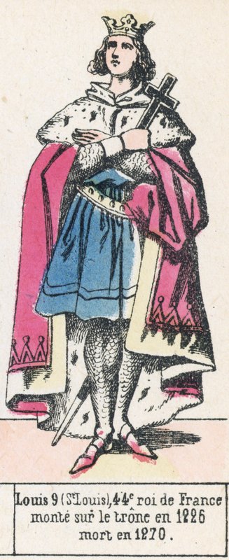 Louis 9 (St Louis), Fransa'nın 44. kralı 1226'da tahta çıktı, 1270'de öldü (renkli gravür) by French School