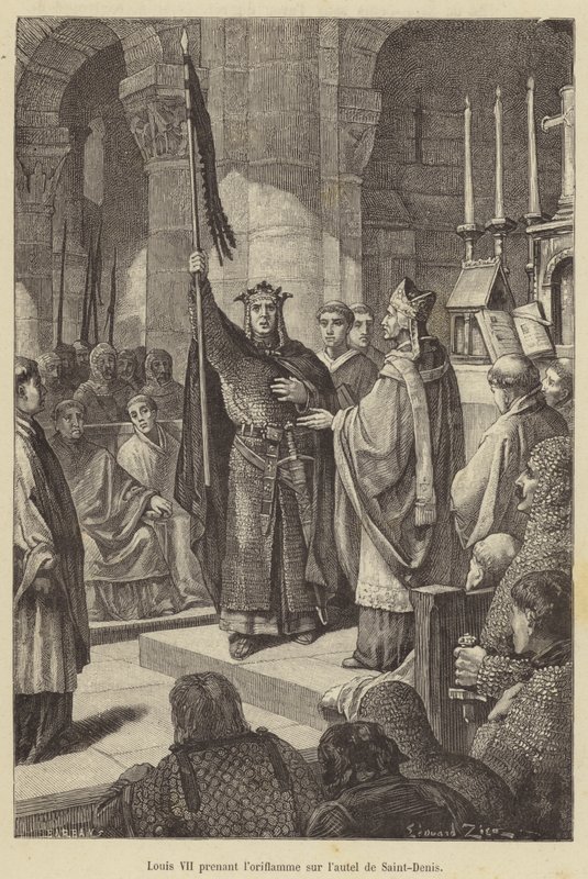 Louis VII bayrağı Saint-Denis sunağından alıyor (gravür) by French School