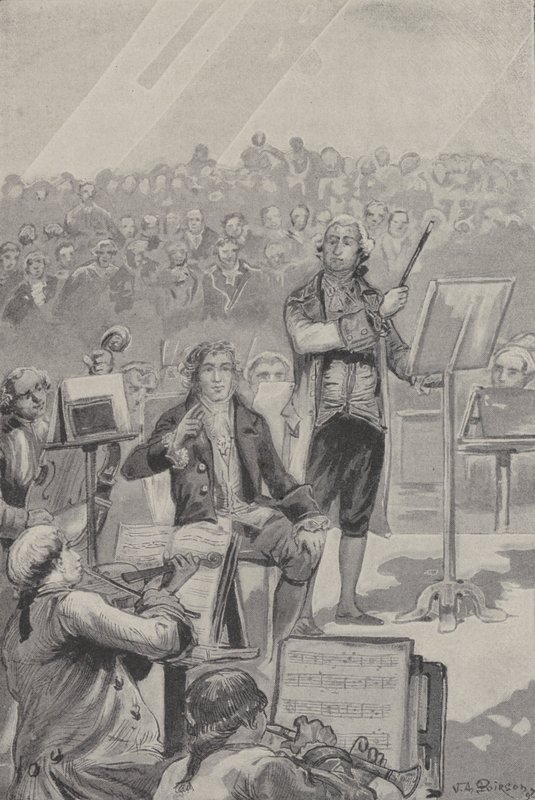 Sağırlığına rağmen orkestrayı yöneten Ludwig van Beethoven (gravür) by French School