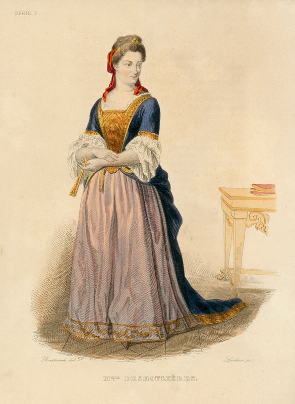 Madame Deshoulieres (coloured engraving) by French School