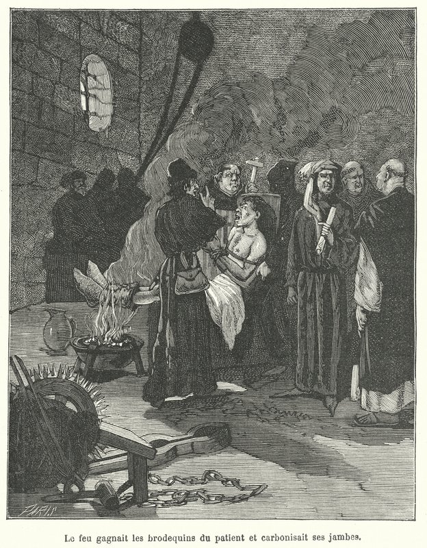 Brodequins ve ateşle işkence gören adam (gravür) by French School