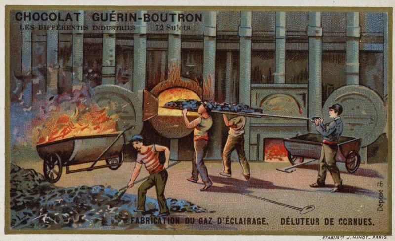 Aydınlatma için gaz üretimi. İmbiklerden kok çıkarma (chromolitho) by French School