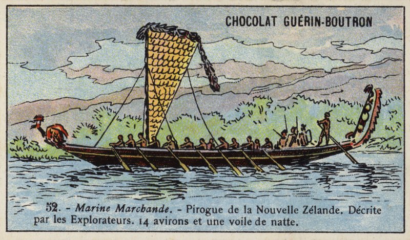 Maori kano, Yeni Zelanda (chromolitho) by French School