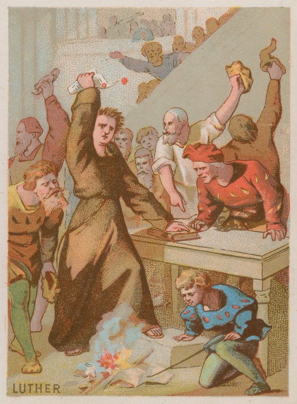 Martin Luther, eserlerini yasaklayan Papalık boğasını yakıyor by French School