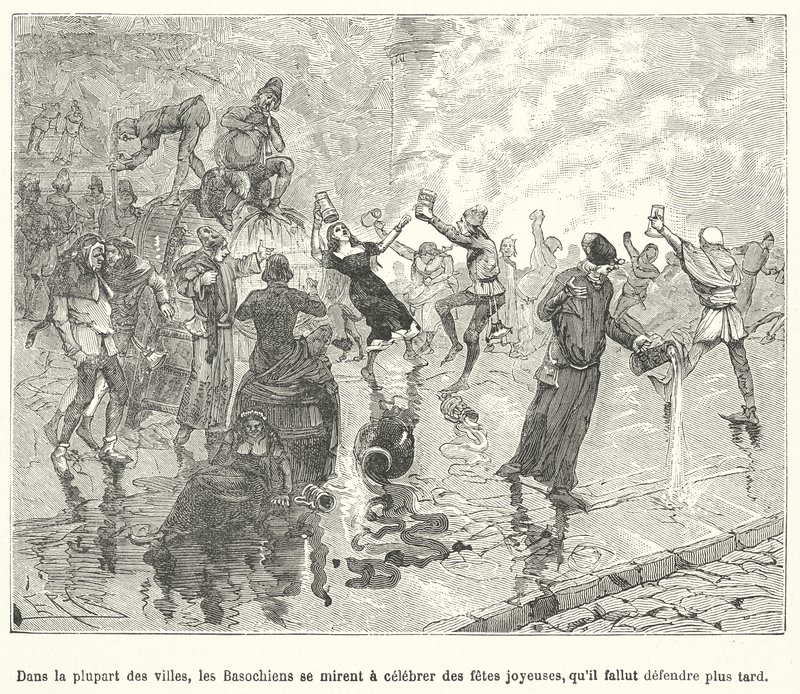 Basaoche üyeleri, bir hukuk katipleri loncası, bir ortaçağ Fransız kasabasının sokaklarında bir festivali kutluyor (gravür) by French School
