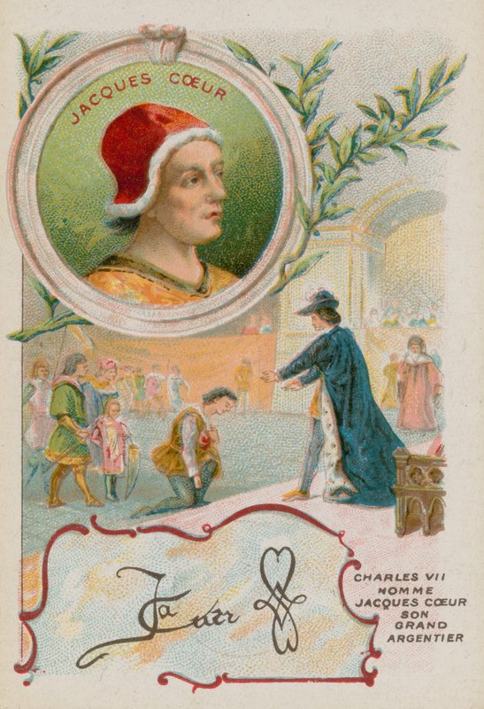 Tüccar tüccarı Jacques Coeur, Kral VII. Charles tarafından karşılanıyor by French School